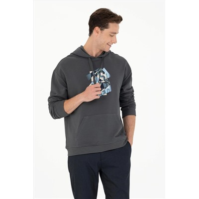 Erkek Antrasit Kapüşonlu Oversize Sweatshirt