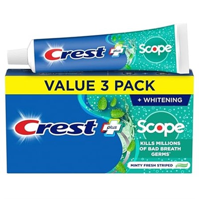 Crest + Scope Whitening Toothpaste - Pack of 3, 5.4 Oz Tubes - Anticavity Fluoride Toothpaste, Fresh Breath, Kills Germs - Tartar Protection, Enamel Protection - Minty Fresh Flavor