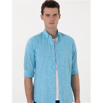Aqua Keten Görünümlü Slim Fit Uzun Kollu Gömlek