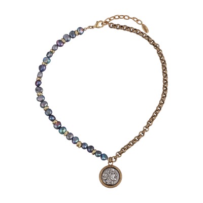 Колье Афродита (жемчуг бензиновый 7-8мм; античное золото, античное серебро) 49см, Есть комплект