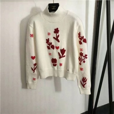 Chane * новая высокая версия из смесовой шерсти с жаккардовым узором Love Flower, теплая полуводолазка, пуловер с длинными рукавами, свитер-нижний свитер, белый, красный, 36, 38, 40, [размер 38; ширина плеч 41, обхват груди 94, длина рукава 57, длина одежды 53】