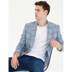 Açık Lacivert Slim Fit Yün Keten Karışımlı Ekose Ceket