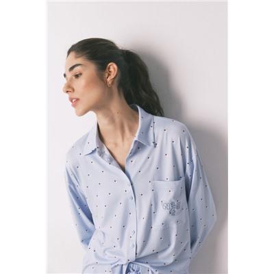 Pijama camisero largo azul estampado puntos