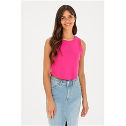 Kadın Fuşya Bisiklet Yaka Crop Basic Tişört