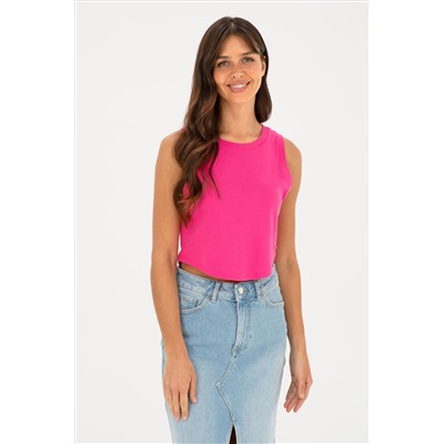 Kadın Fuşya Bisiklet Yaka Crop Basic Tişört