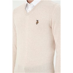 Erkek Slim Fit V Yaka Krem Melanj Basic Kazak