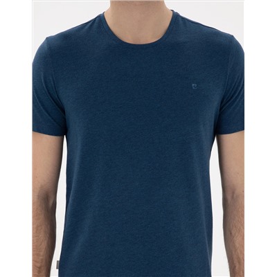 İndigo Melanj Pamuk Karışımlı Slim Fit Bisiklet Yaka Basic Tişört