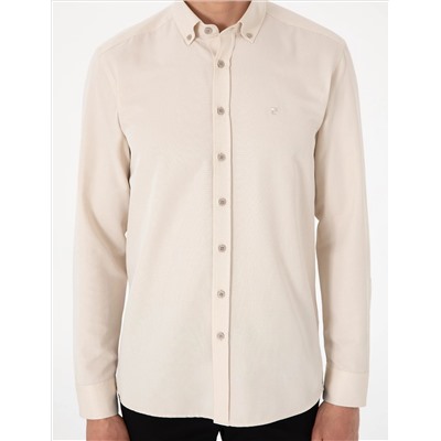 Bej Oxford Slim Fit Kolay Ütülenebilir Gömlek