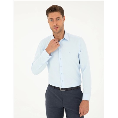 Açık Mavi Slim Fit Armürlü Uzun Kollu Gömlek