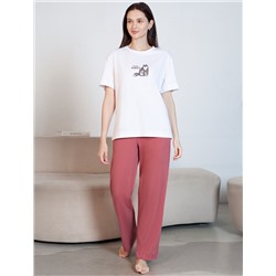 Прямые брюки с поясом на резинке из фактурного трикотажа в рубчик