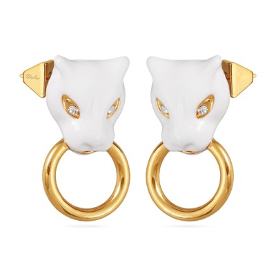 Серьги Пантера (эмаль белая, кристаллы SW белые; покрытие золото), Есть комплект