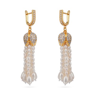 Серьги Тюльпан (жемчуг белый 3-4мм; покрытие золото), Есть комплект