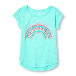 Girls Short Rolled Sleeve Embellished Graphic Hi-Low Top
