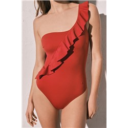 Bañador moldeador volante asimétrico naranja