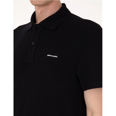 Siyah Slim Fit Örme Dokulu Polo Yaka Tişört