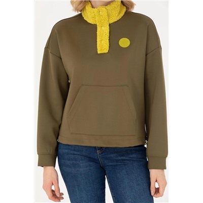 Kadın Haki Dik Yaka Sweatshirt