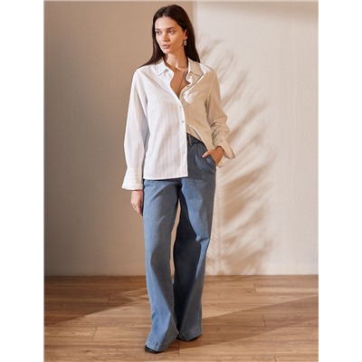 Блузка свободного силуэта в тонкую полоску из эластичного хлопка с добавлением льна