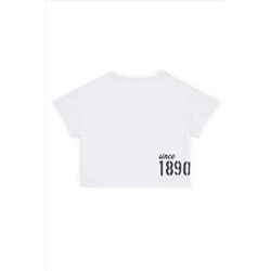 Kız Çocuk Beyaz Bisiklet Yaka Crop Tişört