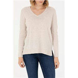 Kadın Krem Melanj V - Yaka Basic Kazak