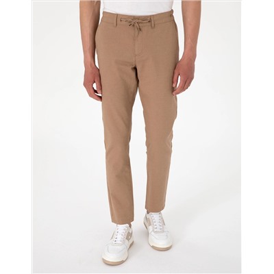 Kahverengi Slim Fit Keten Karışımlı Beli Lastikli Kanvas Pantolon
