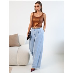 Топ в рубчик с широкими лямками с матовым покрытием металлик из хлопка с эластаном