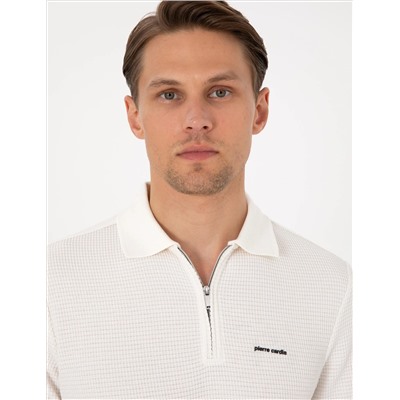 Ekru Slim Fit Örme Dokulu Polo Yaka Tişört