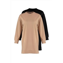 TRENDYOL MODEST Siyah-Ten 2'li Paket Bisiklet Yaka Basic Örme Sweatshirt TCTAW22TW0152