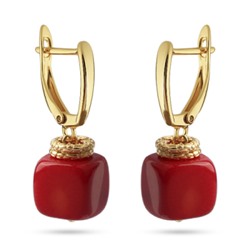 Серьги Терра (коралл 10х10мм красный; покрытие золото), Есть комплект