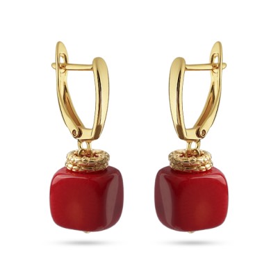 Серьги Терра (коралл 10х10мм красный; покрытие золото), Есть комплект