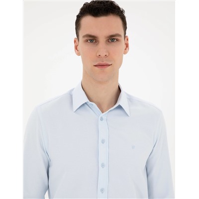 Açık Mavi Slim Fit Armürlü Uzun Kollu Gömlek