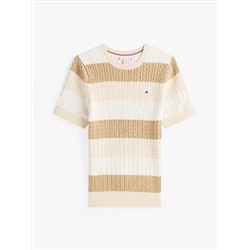 Short-Sleeve Stripe Cable Knit Sweater