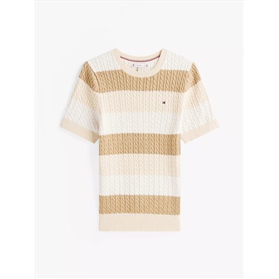 Short-Sleeve Stripe Cable Knit Sweater
