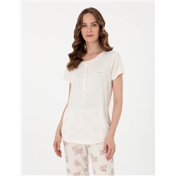 Krem Kısakollu Lohusa Pijama Takımı