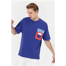 Erkek Mavi Oversize Bisiklet Yaka Tişört