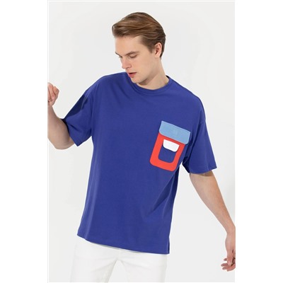 Erkek Mavi Oversize Bisiklet Yaka Tişört