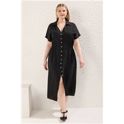 Trendyol Curve Siyah Gömlek Yaka Beli Lastikli Düğmeli Dokuma Büyük Beden Elbise TBBSS25AH00068