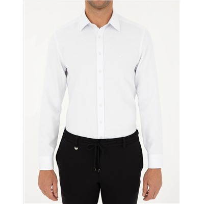 Beyaz Slim Fit Armürlü Uzun Kollu Gömlek