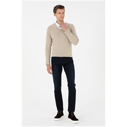 Erkek Slim Fit V Yaka Haki Melanj Basic Kazak