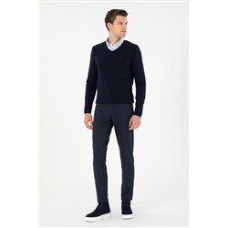 Erkek Slim Fit V Yaka Lacivert Basic Kazak