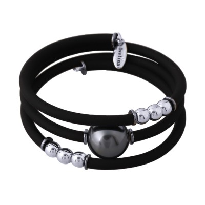 Браслет Гевея (Майорка 16мм темно-серая, каучук черный; покрытие родий), Есть комплект