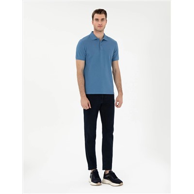 Koyu Mavi Slim Fit %100 Pamuk Polo Yaka Basic Tişört