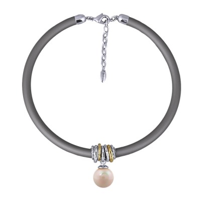 Колье Гевея (Майорка 16мм нежный персик, каучук серый; покрытие родий) 40-45см, Есть комплект