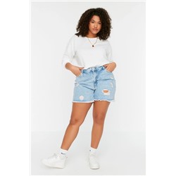 Trendyol Curve Mavi Yüksek Bel Destroylu Denim Şort & Bermuda TBBSS22SR0165