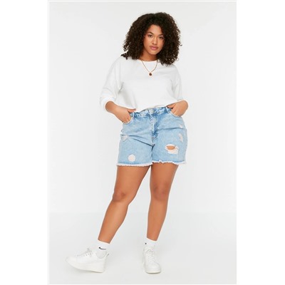 Trendyol Curve Mavi Yüksek Bel Destroylu Denim Şort & Bermuda TBBSS22SR0165