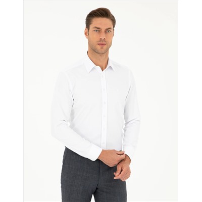 Beyaz Slim Fit Armürlü Uzun Kollu Gömlek