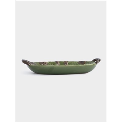 Блюдо, 29х19 см, с ручками, керамика D, зеленое, Шишки на еловой ветке, Fir branch
