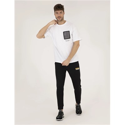 Beyaz Comfort Fit Baskılı Bisiklet Yaka Tişört