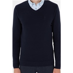 Erkek Slim Fit V Yaka Lacivert Basic Kazak