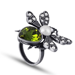 Кольцо Мотылек (кристаллы SW зеленые, Майорка; покрытие античное серебро), Есть комплект