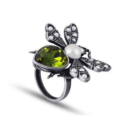 Кольцо Мотылек (кристаллы SW зеленые, Майорка; покрытие античное серебро), Есть комплект